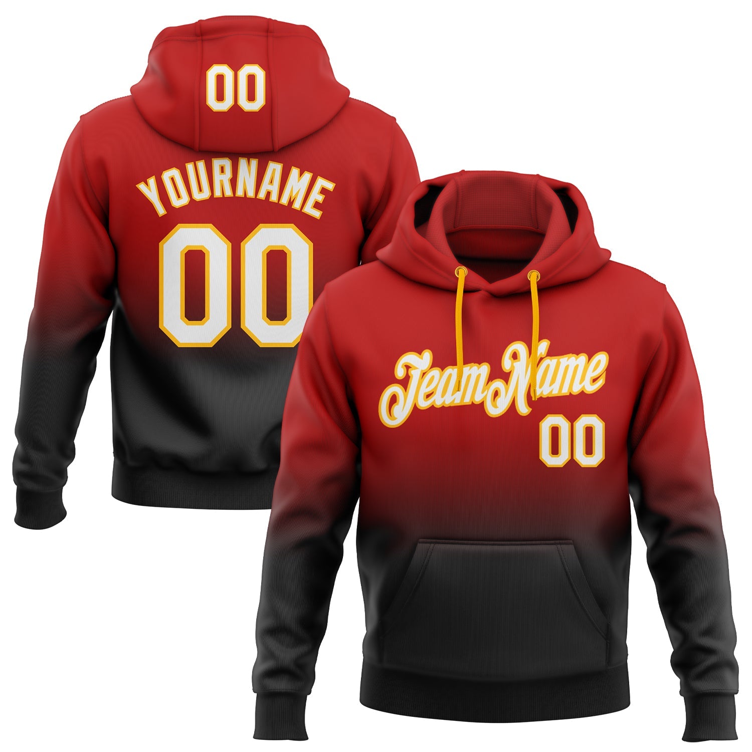 Custom Stitched Red White Black-Gold Fade Fashion Sports Pullover Sweatshirt Hoodie - Main View