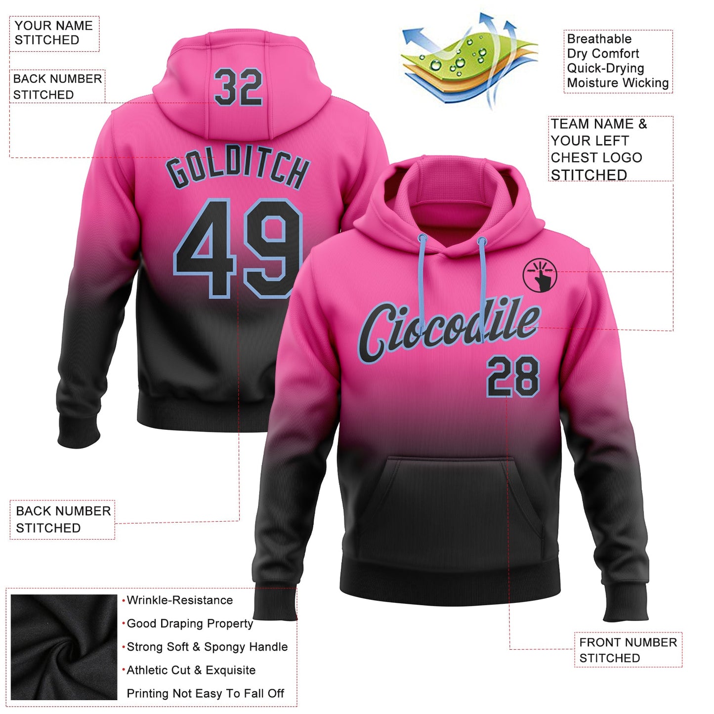 Custom Stitched Pink Black-Light Blue Fade Fashion Sports Pullover Sweatshirt Hoodie view 2
