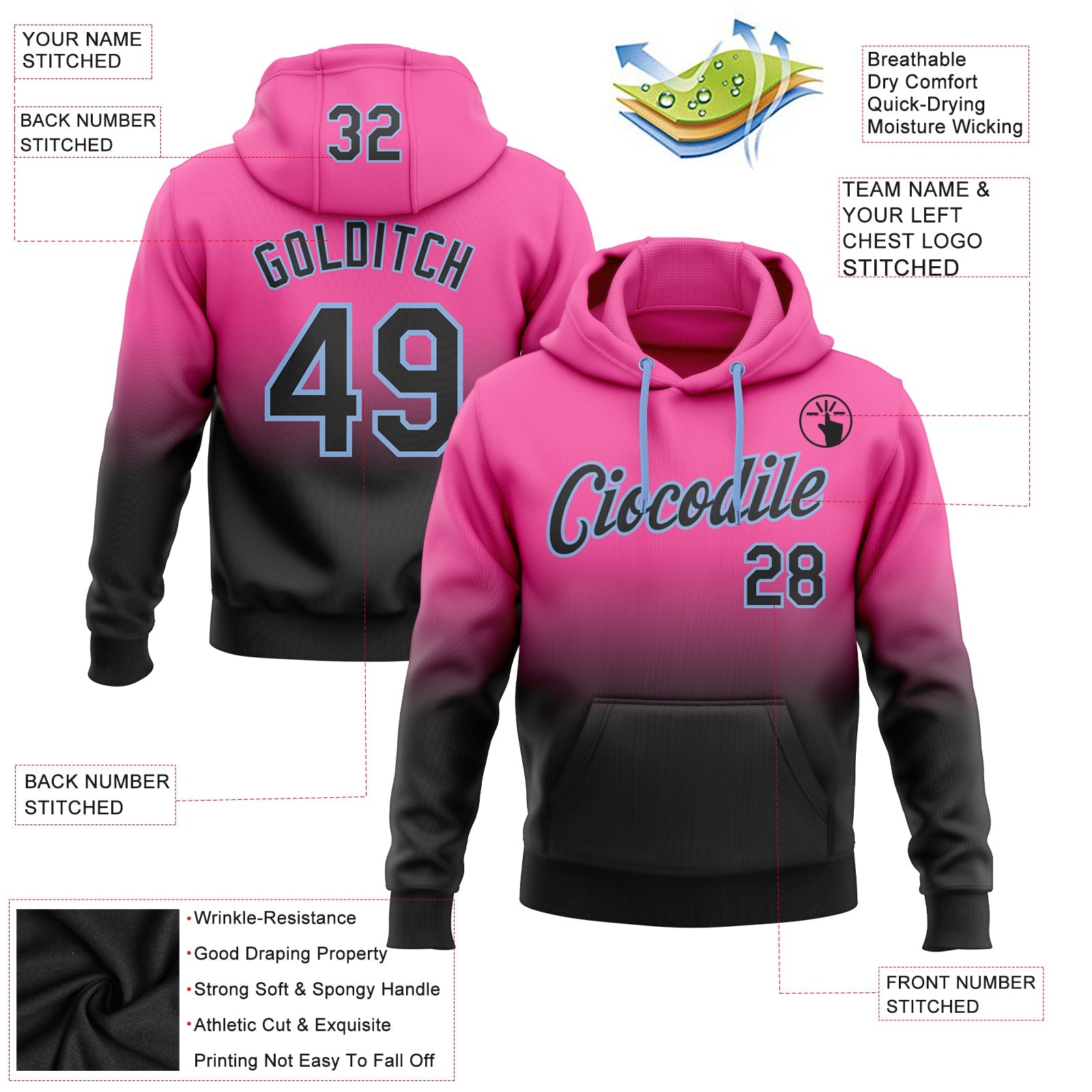 Custom Stitched Pink Black-Light Blue Fade Fashion Sports Pullover Sweatshirt Hoodie view 2