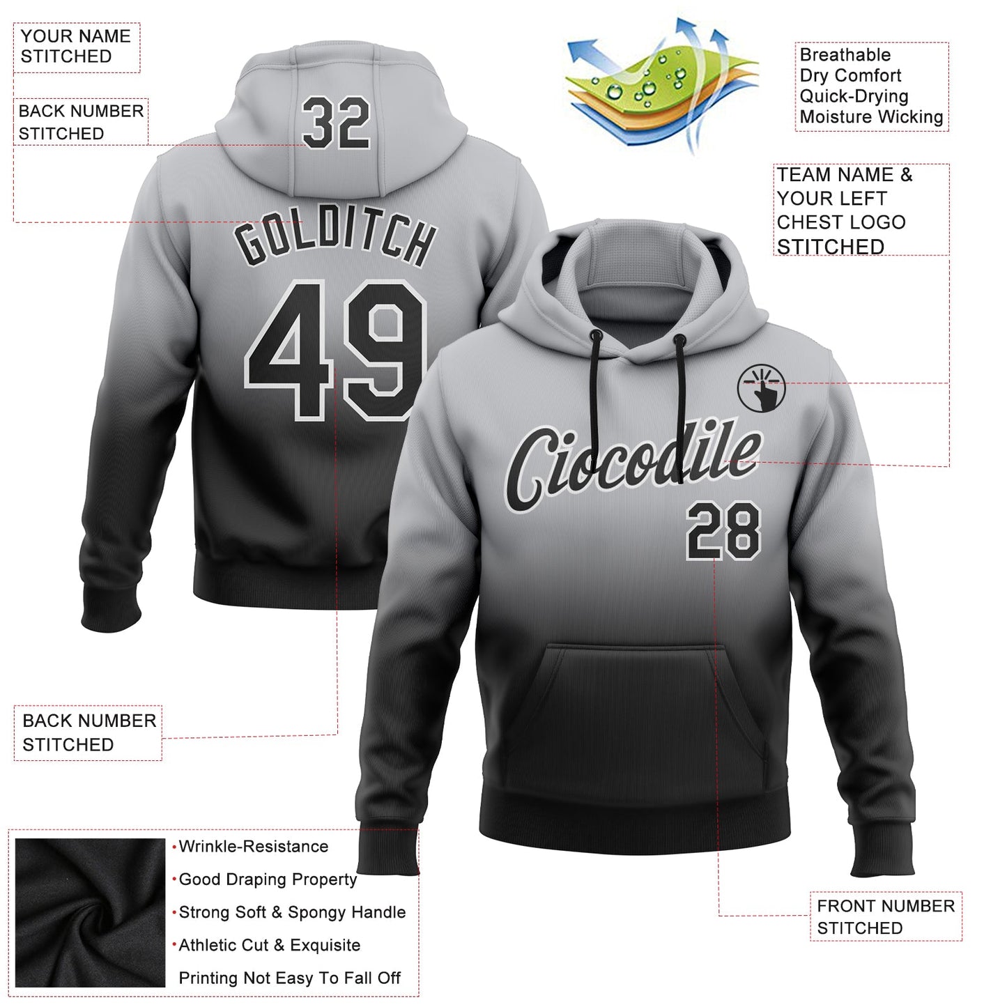 Custom Stitched Gray Black-White Fade Fashion Sports Pullover Sweatshirt Hoodie view 2