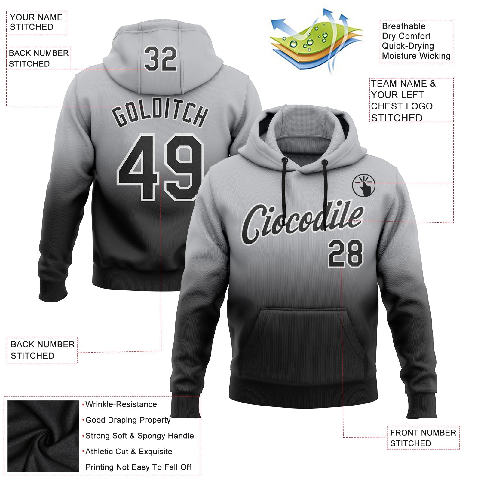 Custom Stitched Gray Black-White Fade Fashion Sports Pullover Sweatshirt Hoodie view 2