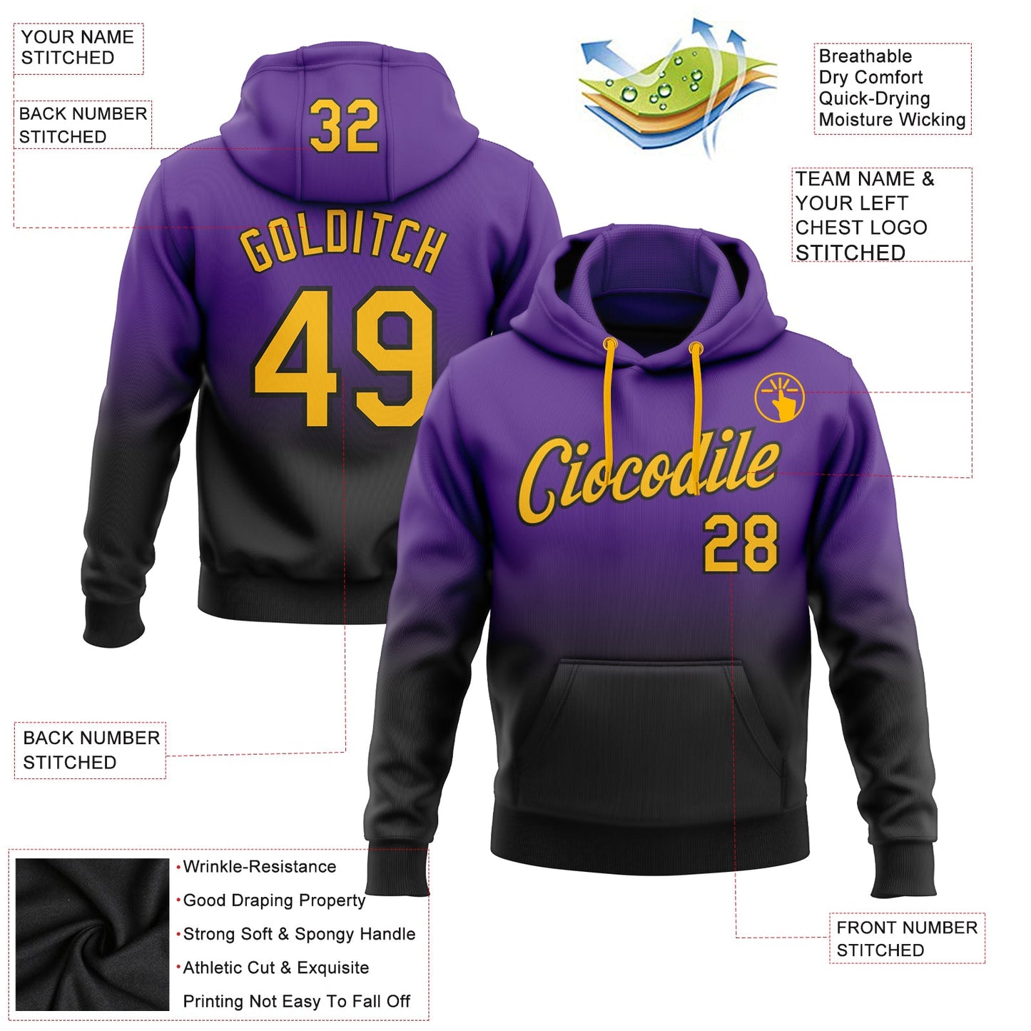 Custom Stitched Purple Gold-Black Fade Fashion Sports Pullover Sweatshirt Hoodie view 2