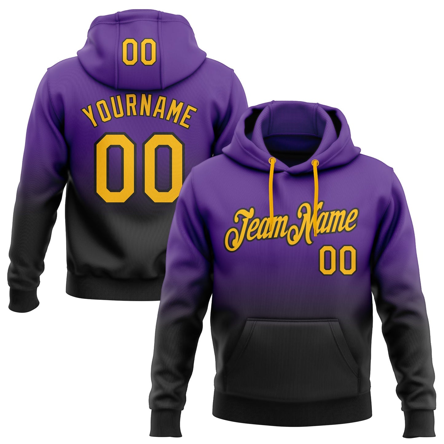 Custom Stitched Purple Gold-Black Fade Fashion Sports Pullover Sweatshirt Hoodie - Main View