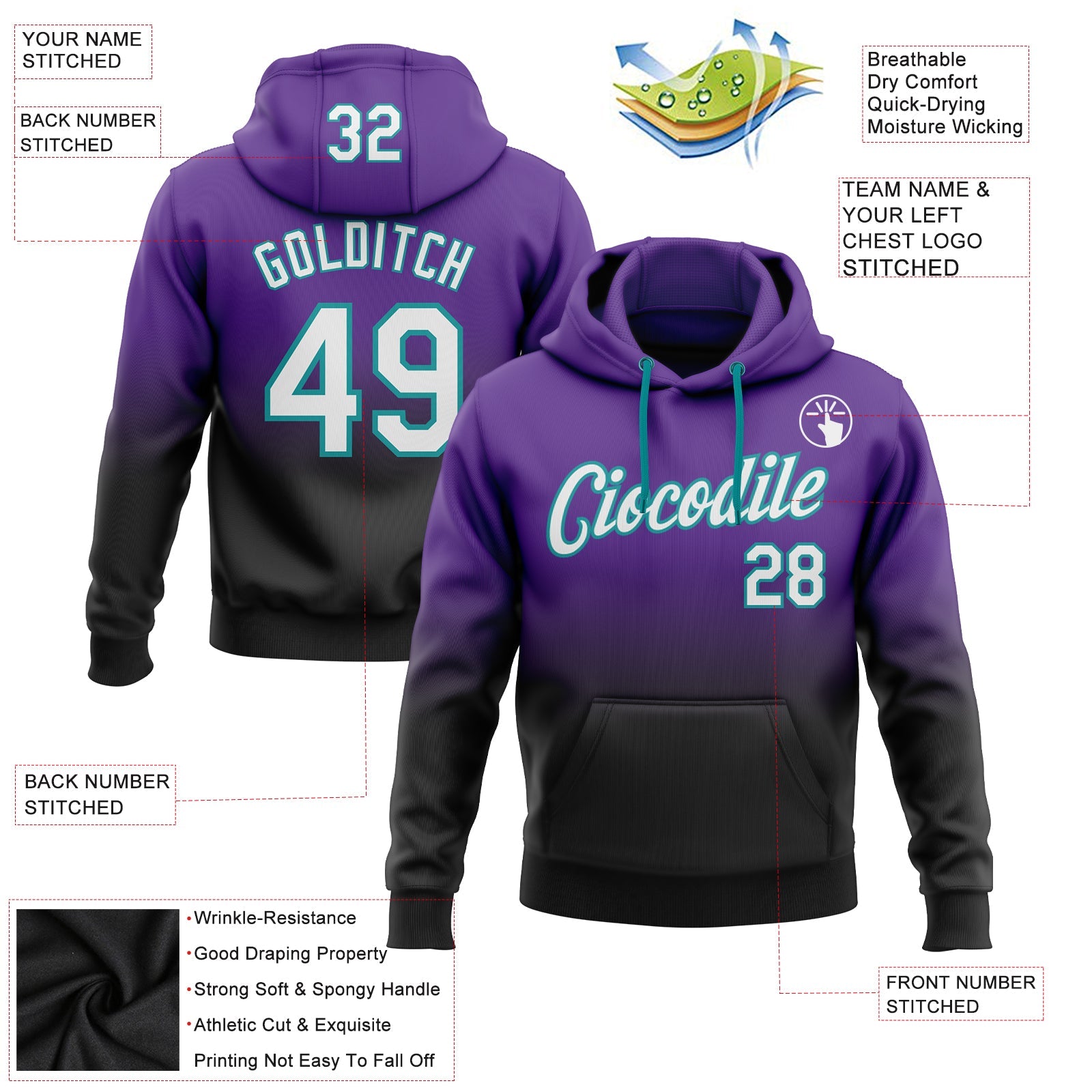 Custom Stitched Purple White Black-Teal Fade Fashion Sports Pullover Sweatshirt Hoodie view 2