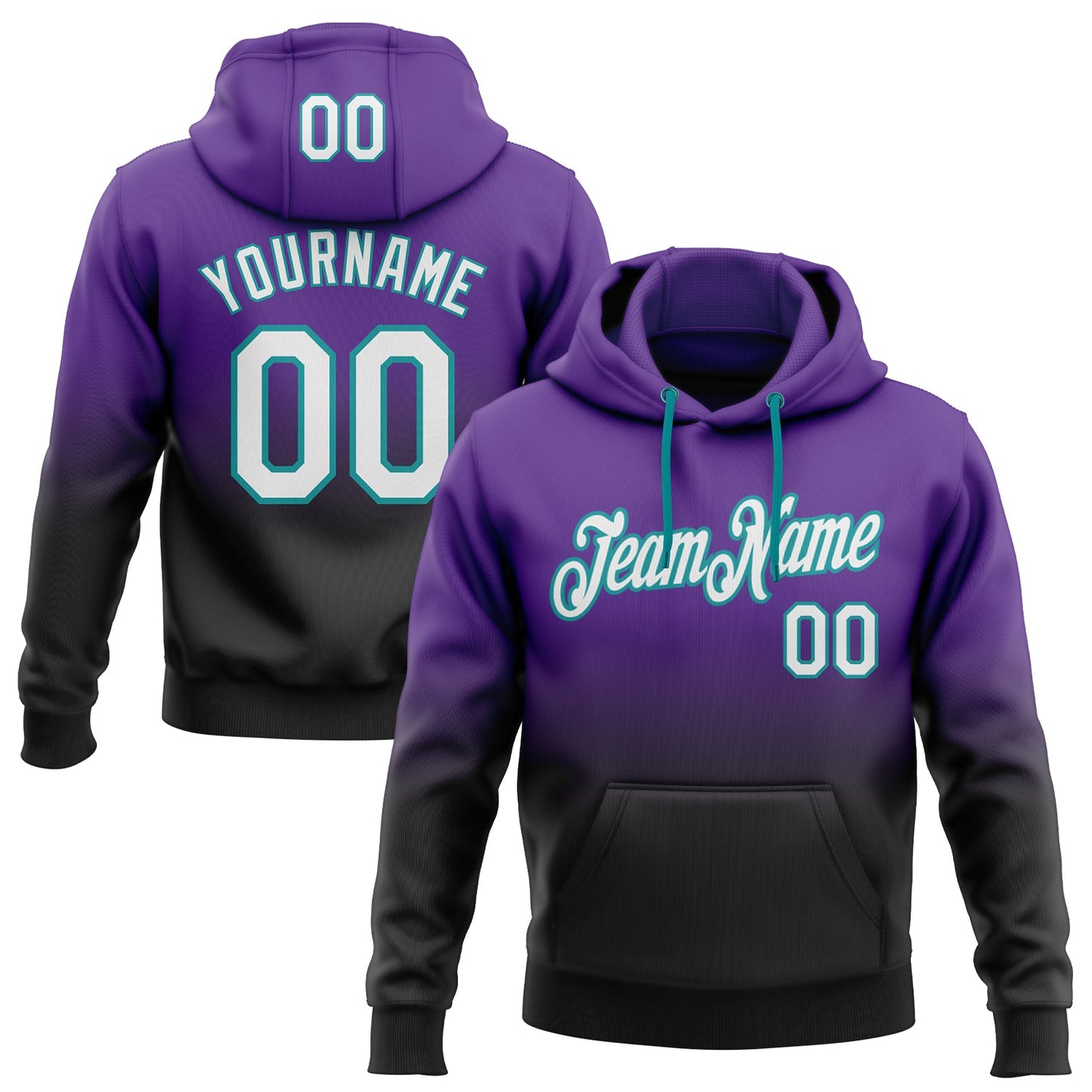 Custom Stitched Purple White Black-Teal Fade Fashion Sports Pullover Sweatshirt Hoodie - Main View