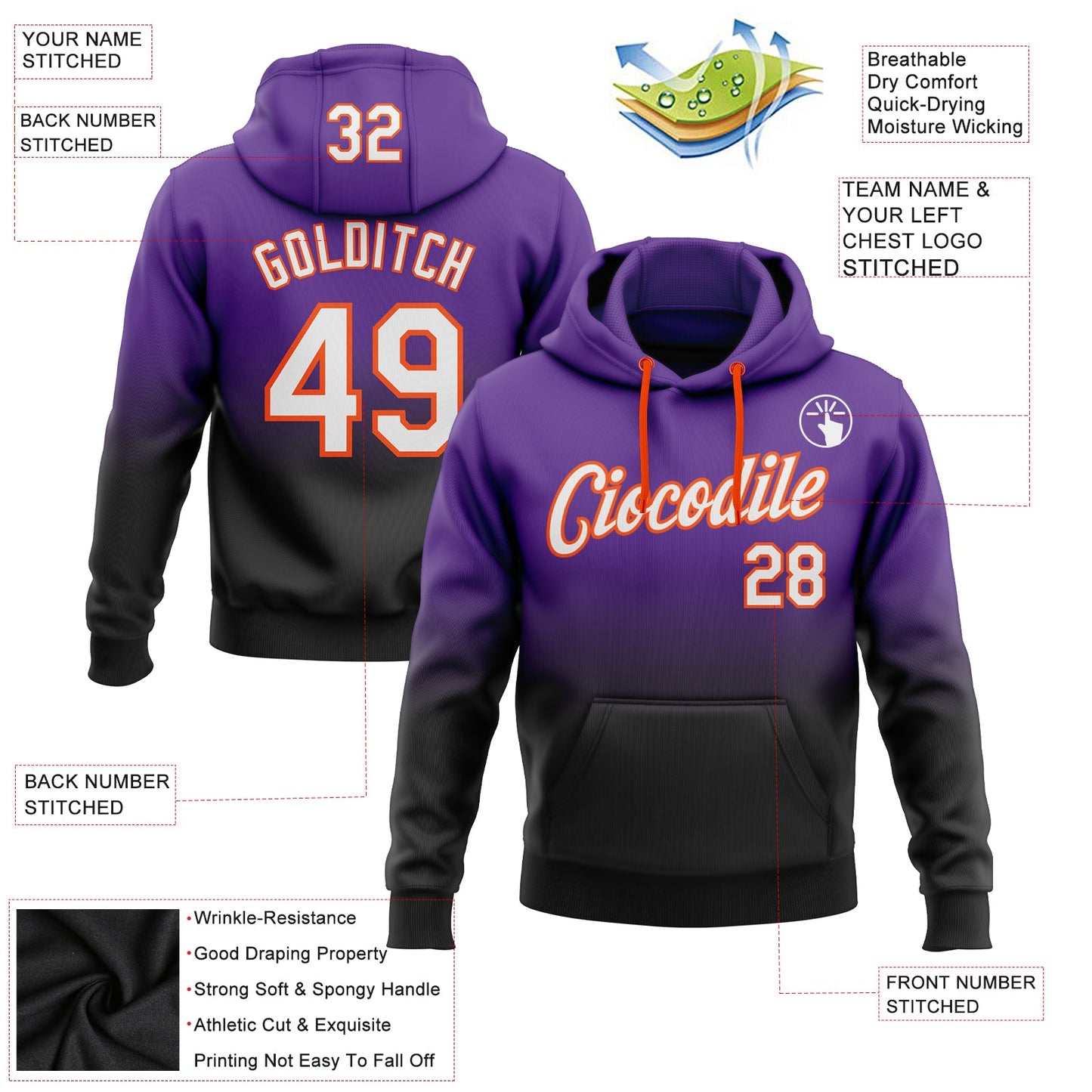 Custom Stitched Purple White Black-Orange Fade Fashion Sports Pullover Sweatshirt Hoodie view 2