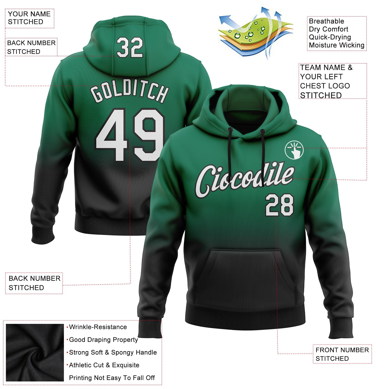 Custom Stitched Kelly Green White-Black Fade Fashion Sports Pullover Sweatshirt Hoodie view 2