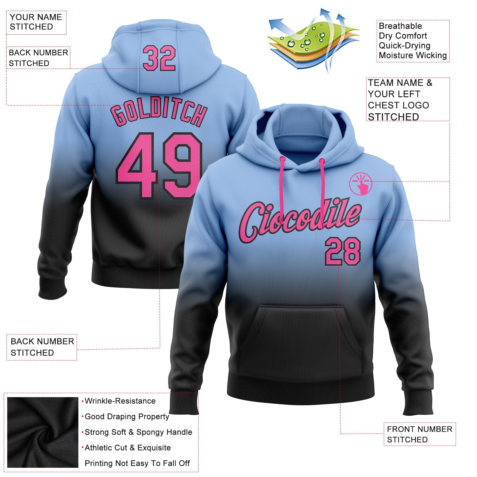 Custom Stitched Light Blue Pink-Black Fade Fashion Sports Pullover Sweatshirt Hoodie view 2