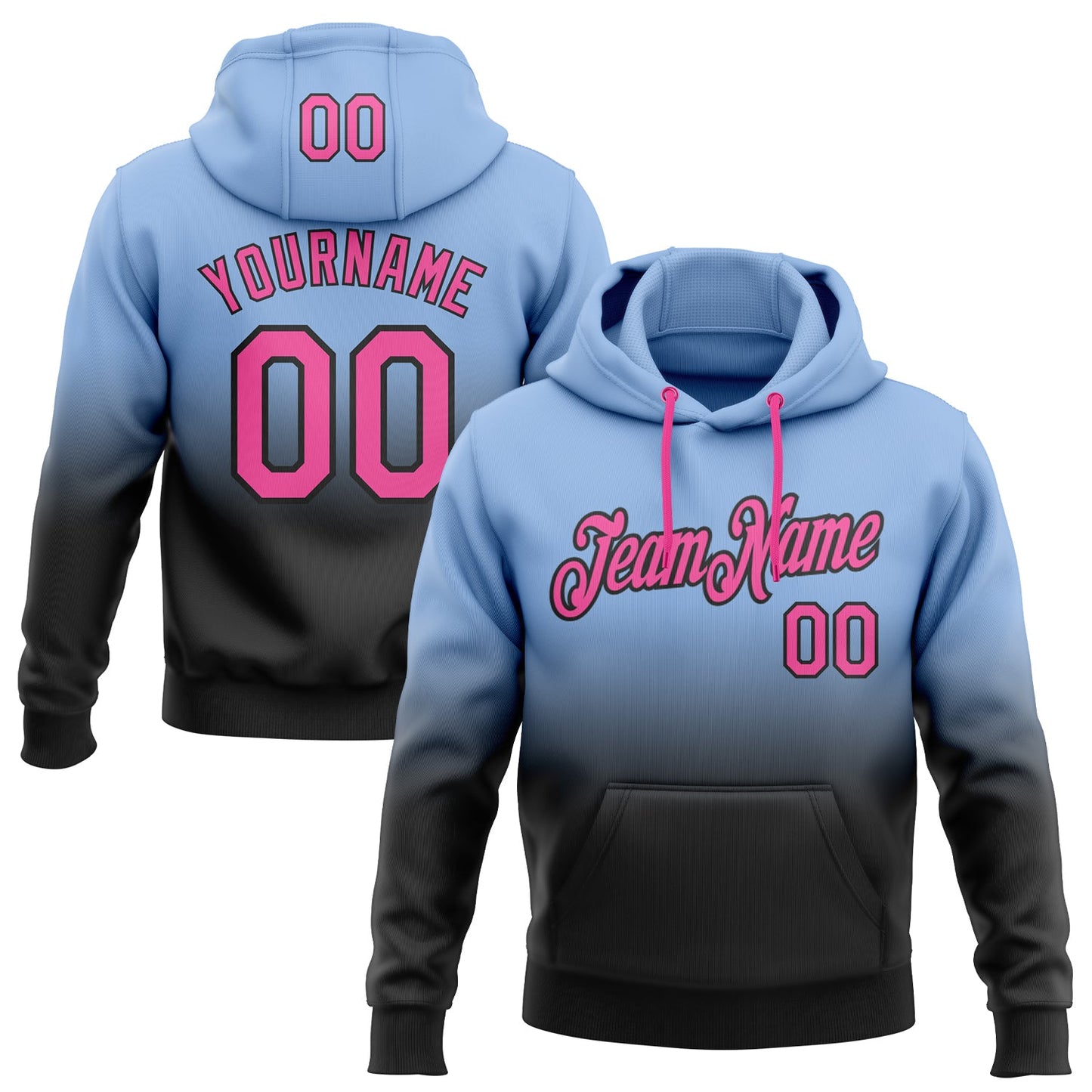 Custom Stitched Light Blue Pink-Black Fade Fashion Sports Pullover Sweatshirt Hoodie - Main View