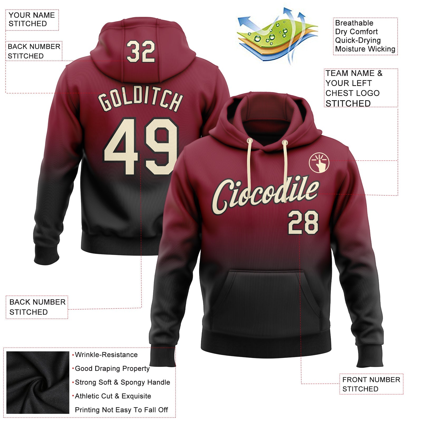 Custom Stitched Crimson Cream-Black Fade Fashion Sports Pullover Sweatshirt Hoodie view 2