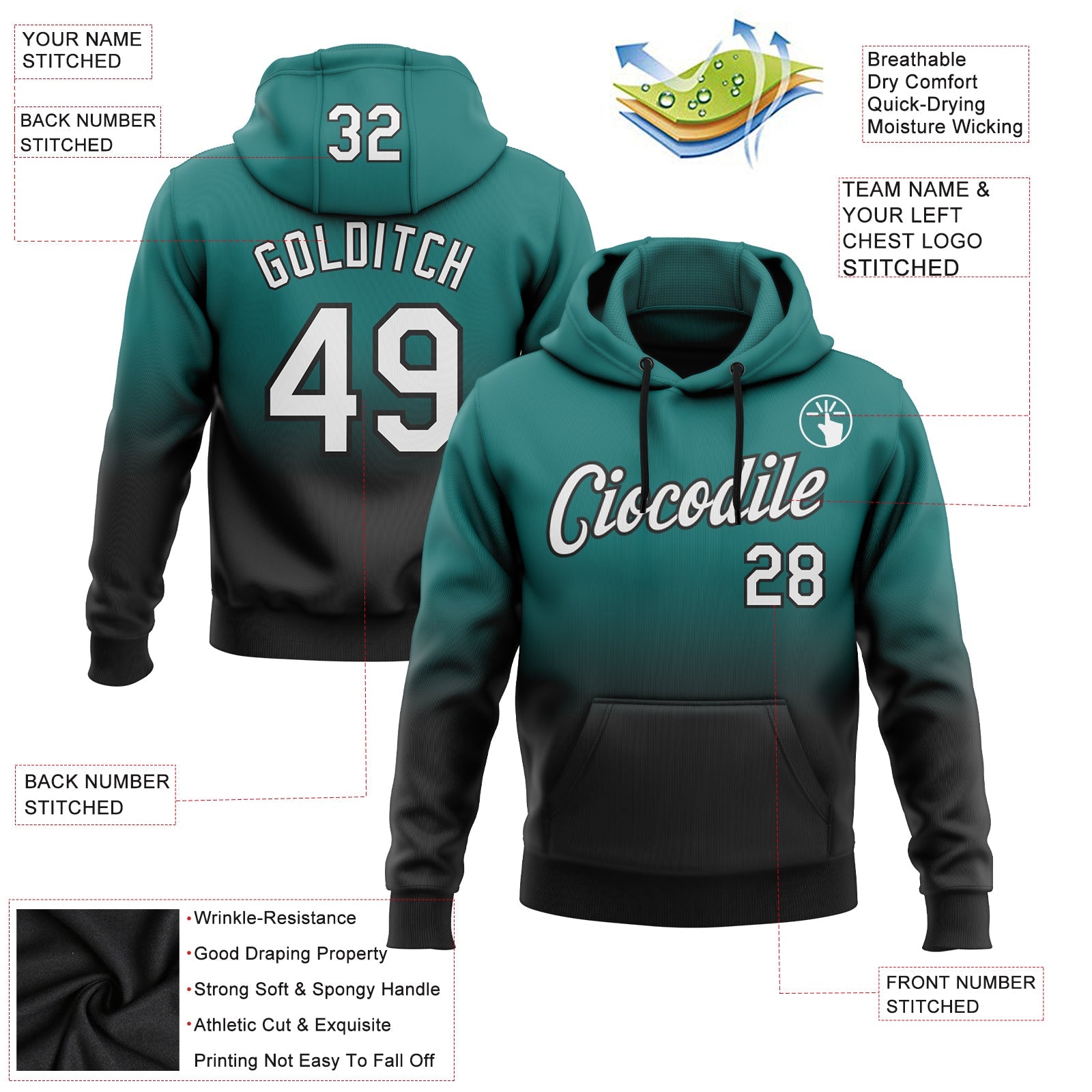 Custom Stitched Teal White-Black Fade Fashion Sports Pullover Sweatshirt Hoodie view 3