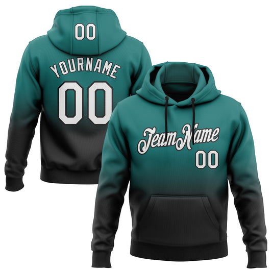 Custom Stitched Teal White-Black Fade Fashion Sports Pullover Sweatshirt Hoodie - Main View