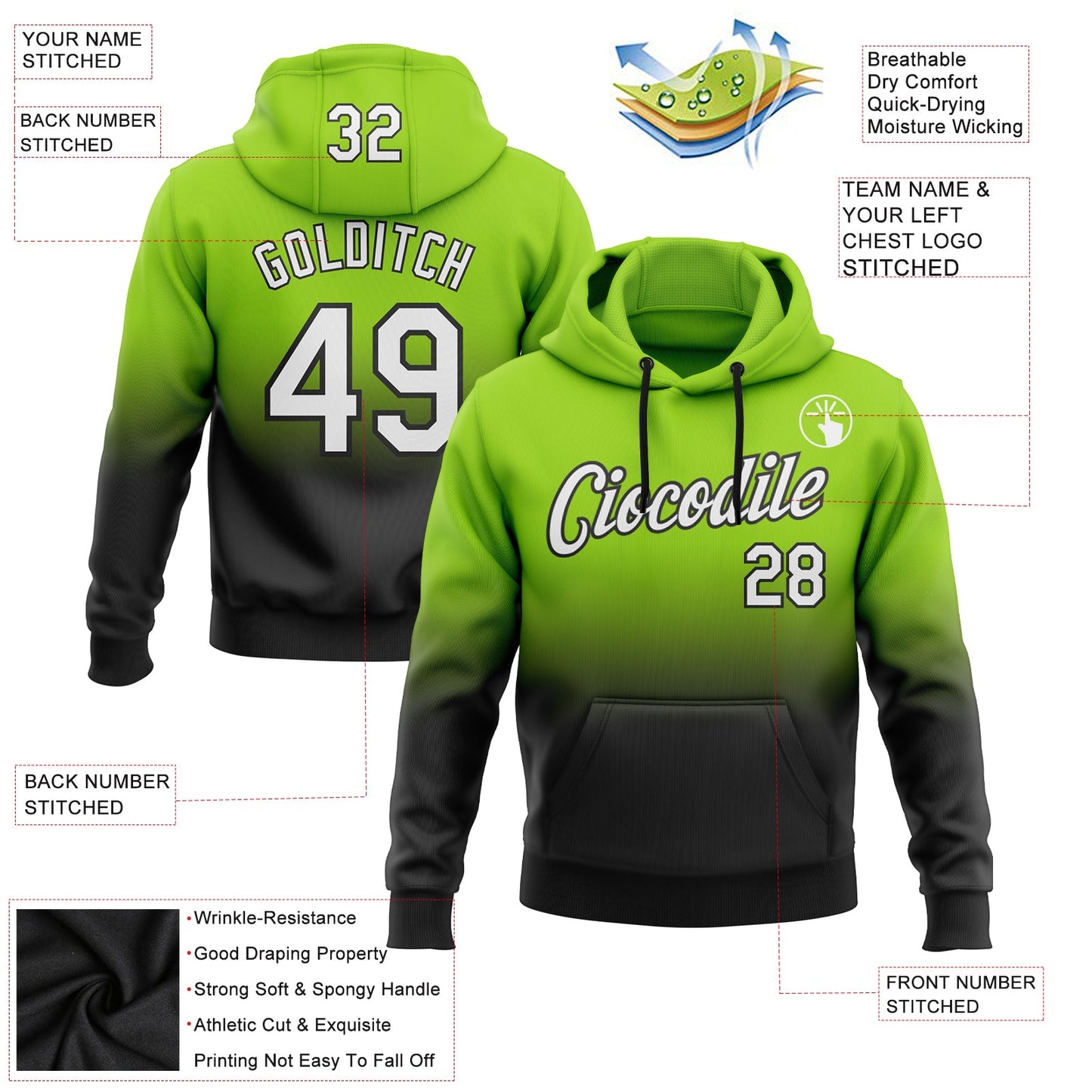 Custom Stitched Neon Green White-Black Fade Fashion Sports Pullover Sweatshirt Hoodie view 2