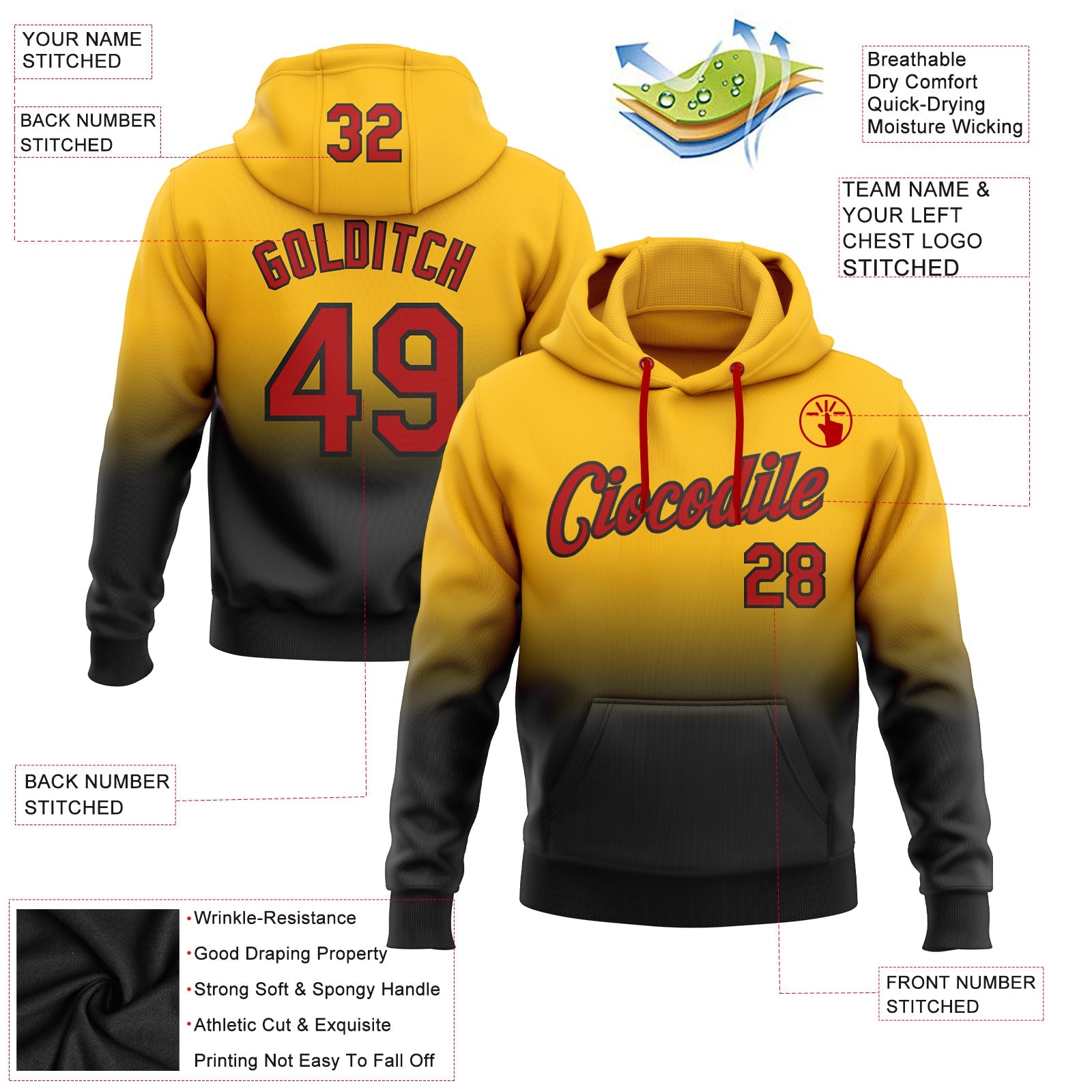 Custom Stitched Gold Red-Black Fade Fashion Sports Pullover Sweatshirt Hoodie view 2