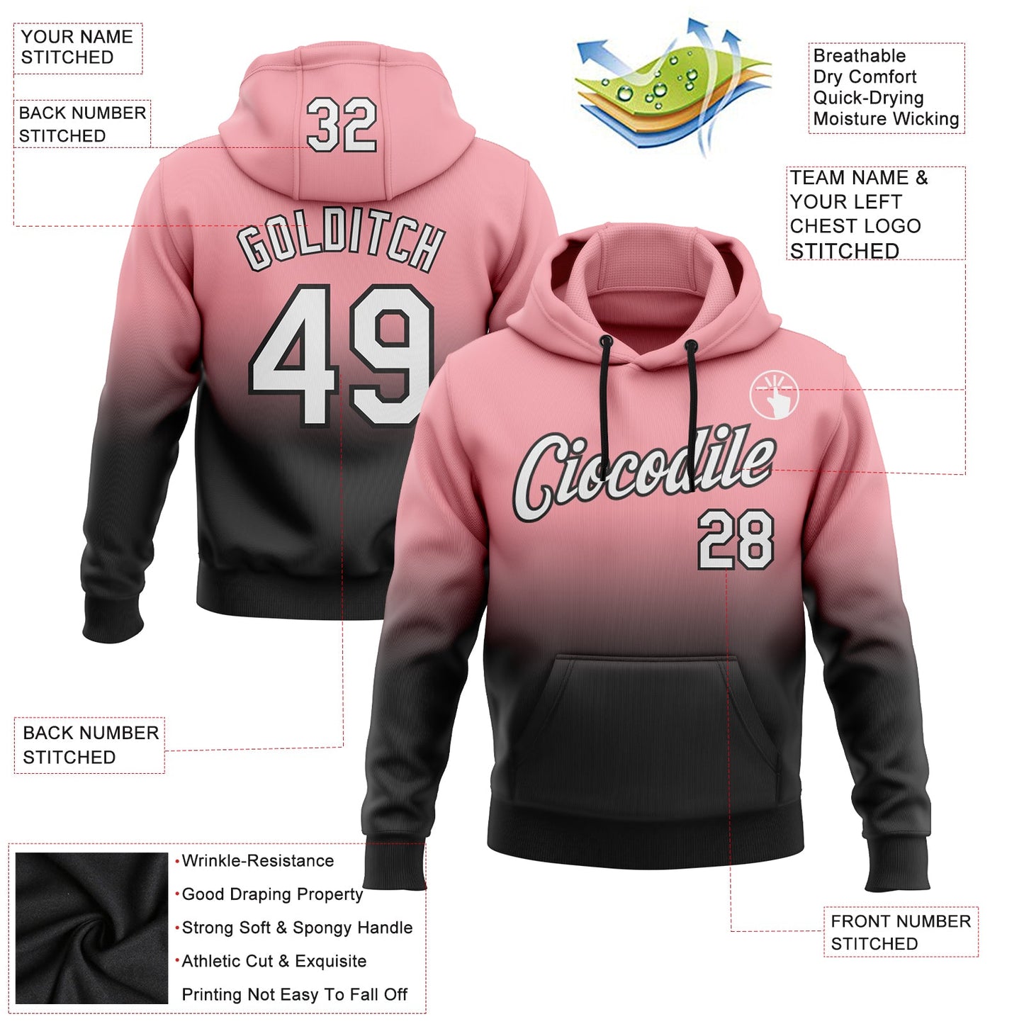 Custom Stitched Medium Pink White-Black Fade Fashion Sports Pullover Sweatshirt Hoodie view 2