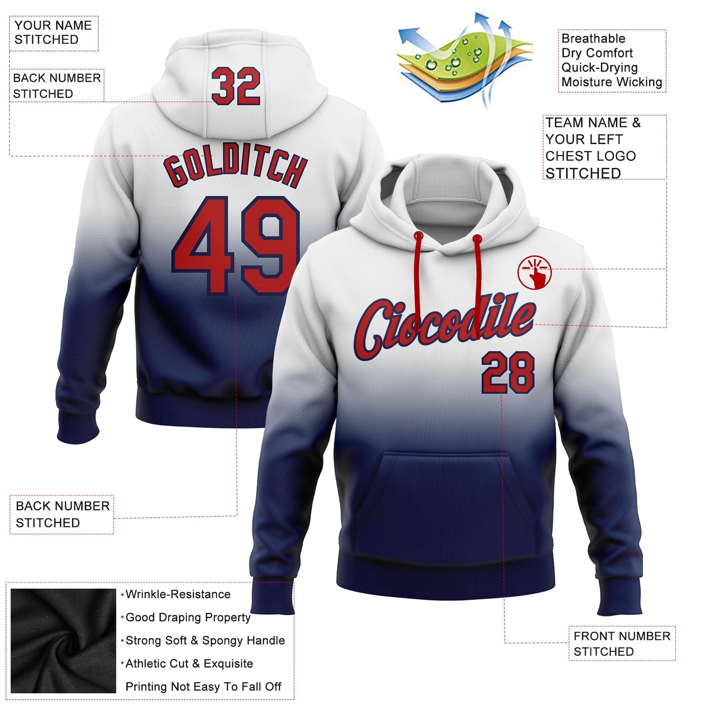 Custom Stitched White Red-Navy Fade Fashion Sports Pullover Sweatshirt Hoodie view 2