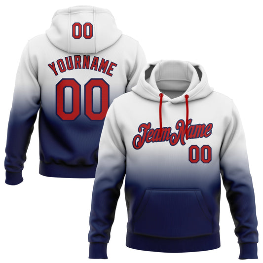 Custom Stitched White Red-Navy Fade Fashion Sports Pullover Sweatshirt Hoodie - Main View