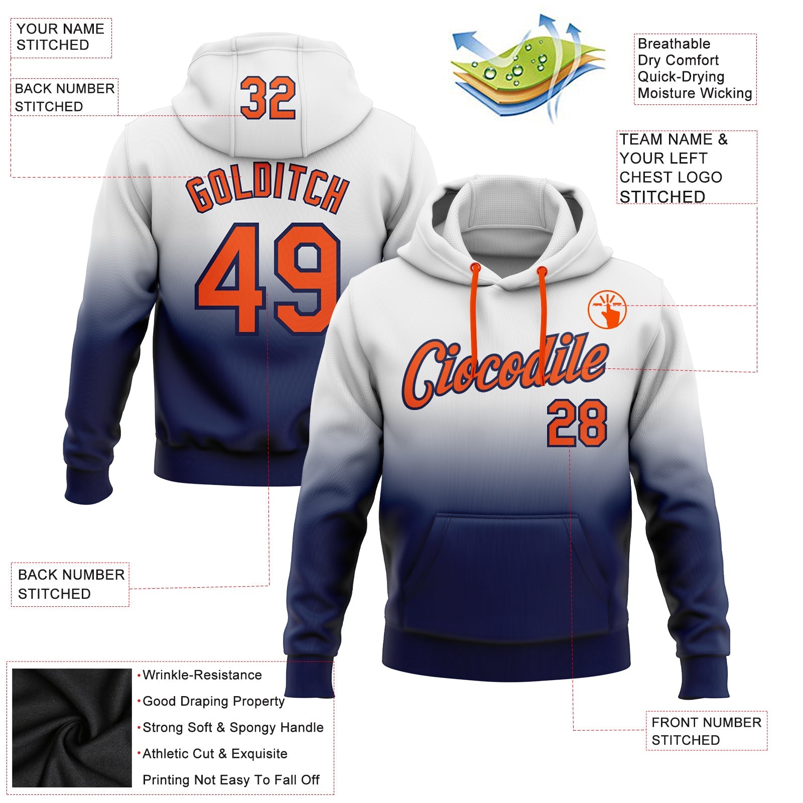 Custom Stitched White Orange-Navy Fade Fashion Sports Pullover Sweatshirt Hoodie view 2