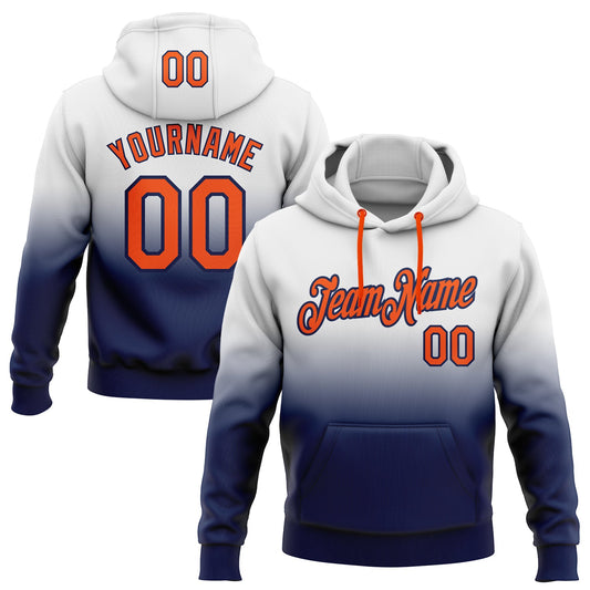 Custom Stitched White Orange-Navy Fade Fashion Sports Pullover Sweatshirt Hoodie - Main View