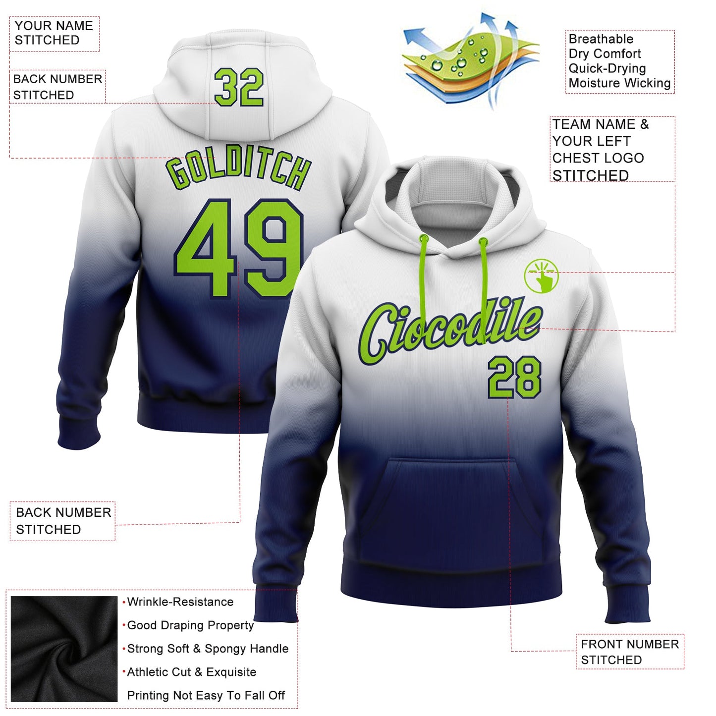 Custom Stitched White Neon Green-Navy Fade Fashion Sports Pullover Sweatshirt Hoodie view 2