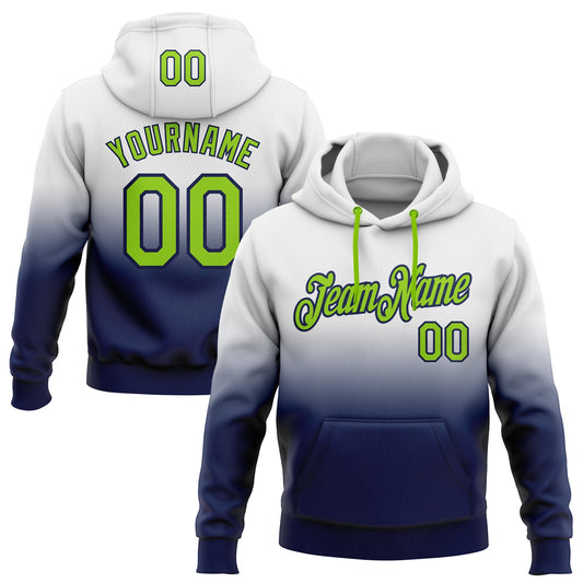 Custom Stitched White Neon Green-Navy Fade Fashion Sports Pullover Sweatshirt Hoodie - Main View