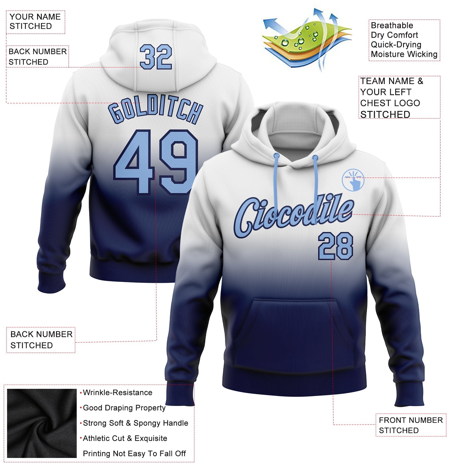 Custom Stitched White Light Blue-Navy Fade Fashion Sports Pullover Sweatshirt Hoodie view 3