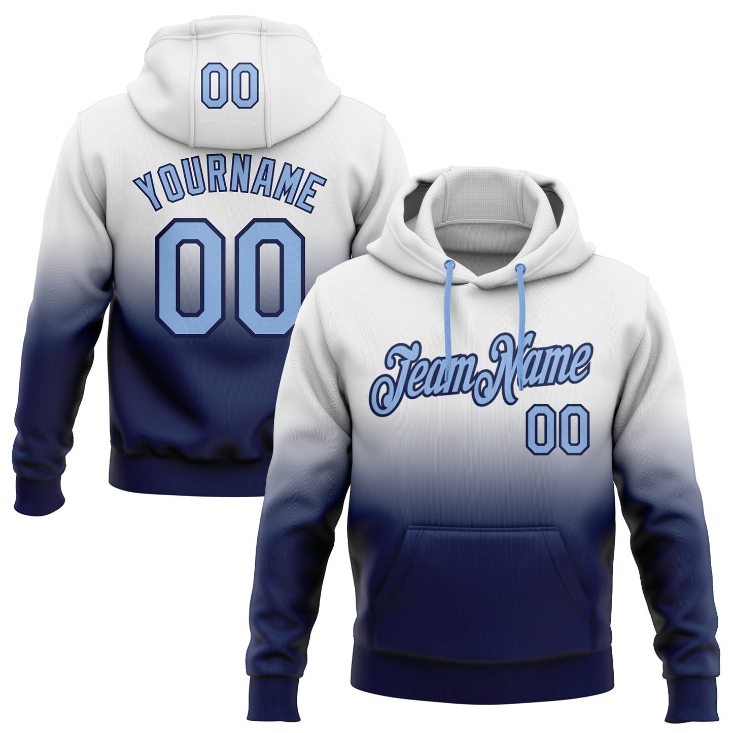 Custom Stitched White Light Blue-Navy Fade Fashion Sports Pullover Sweatshirt Hoodie - Main View