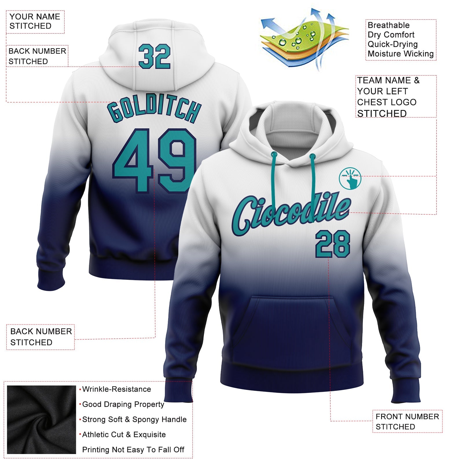 Custom Stitched White Teal-Navy Fade Fashion Sports Pullover Sweatshirt Hoodie view 2