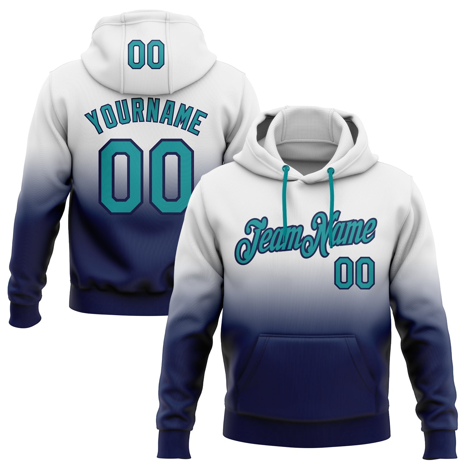 Custom Stitched White Teal-Navy Fade Fashion Sports Pullover Sweatshirt Hoodie - Main View