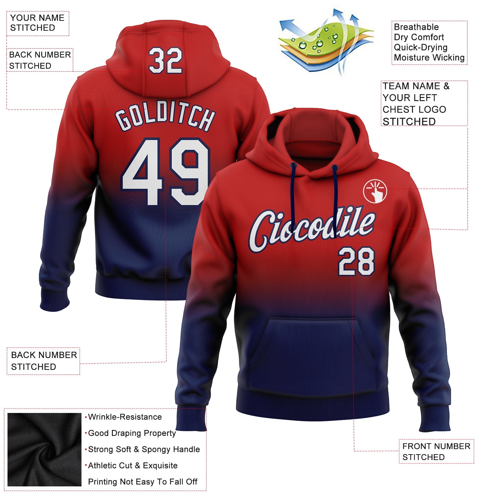 Custom Stitched Red White-Navy Fade Fashion Sports Pullover Sweatshirt Hoodie view 2