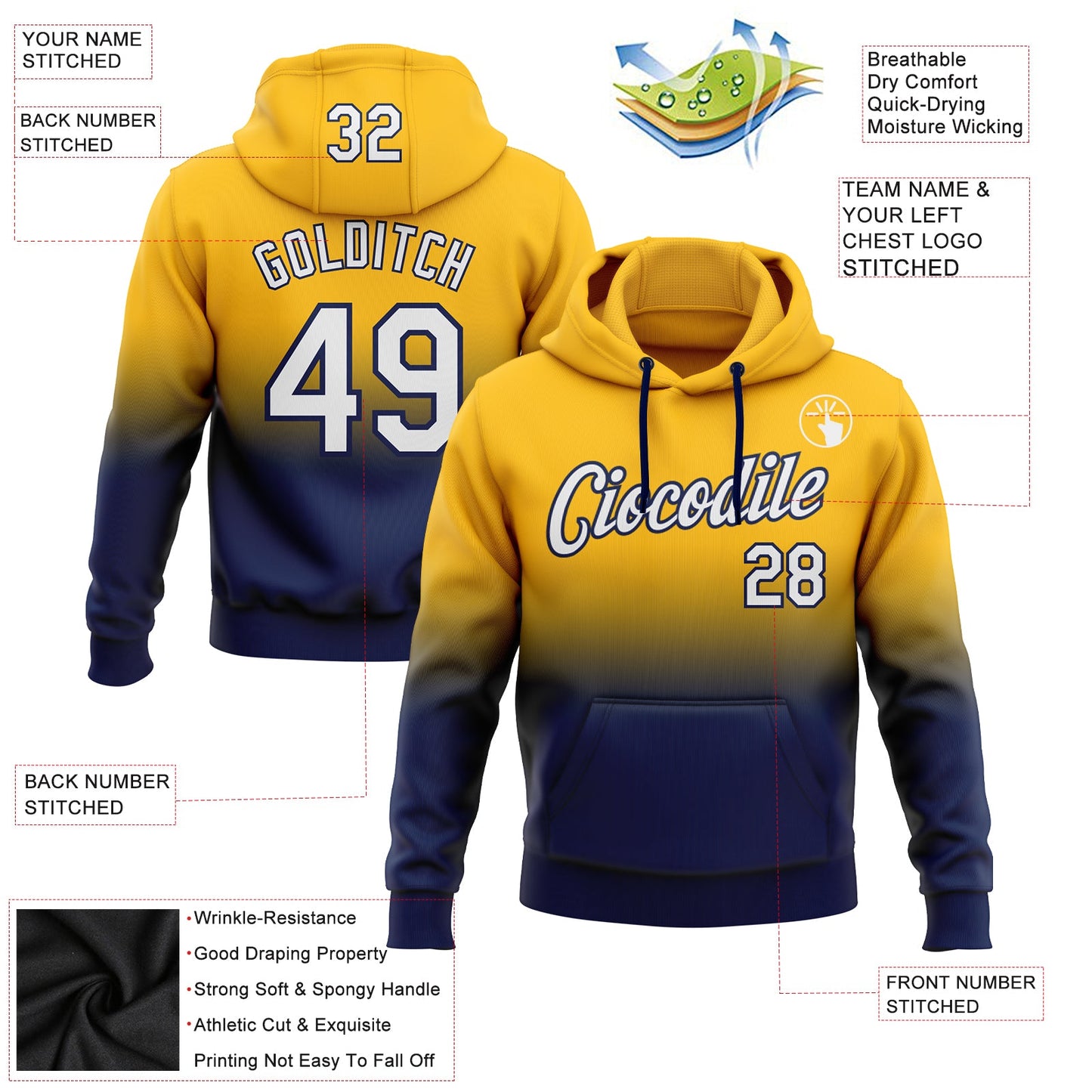 Custom Stitched Gold White-Navy Fade Fashion Sports Pullover Sweatshirt Hoodie view 2