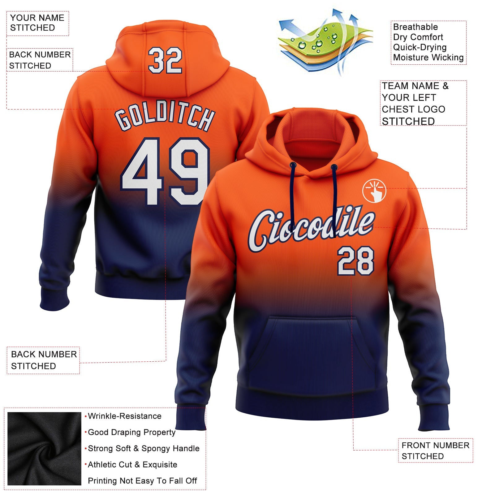 Custom Stitched Orange White-Navy Fade Fashion Sports Pullover Sweatshirt Hoodie view 2