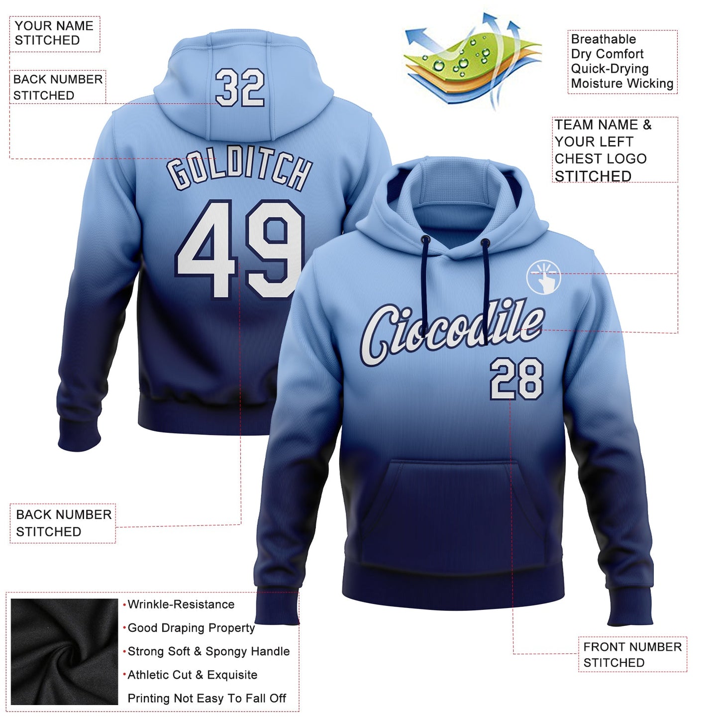 Custom Stitched Light Blue White-Navy Fade Fashion Sports Pullover Sweatshirt Hoodie view 2
