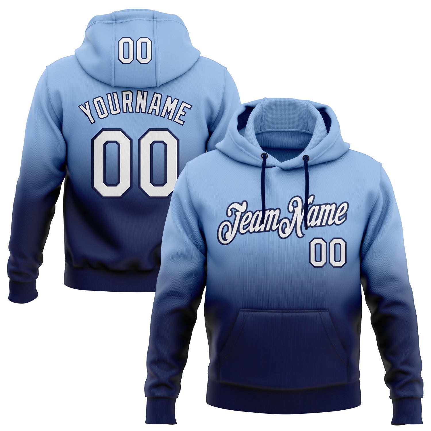 Custom Stitched Light Blue White-Navy Fade Fashion Sports Pullover Sweatshirt Hoodie - Main View