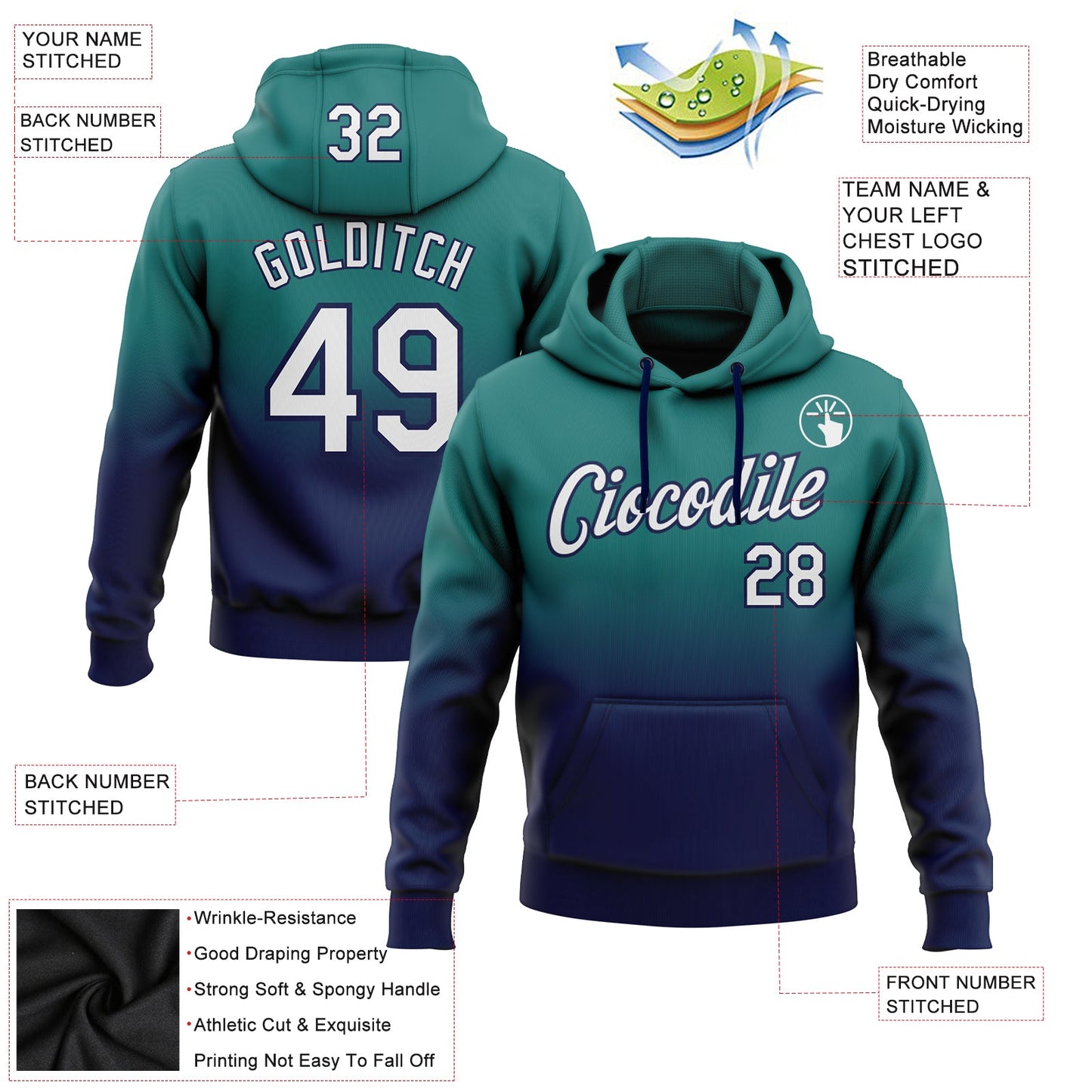 Custom Stitched Teal White-Navy Fade Fashion Sports Pullover Sweatshirt Hoodie view 2