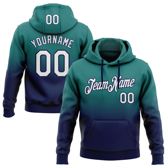 Custom Stitched Teal White-Navy Fade Fashion Sports Pullover Sweatshirt Hoodie - Main View