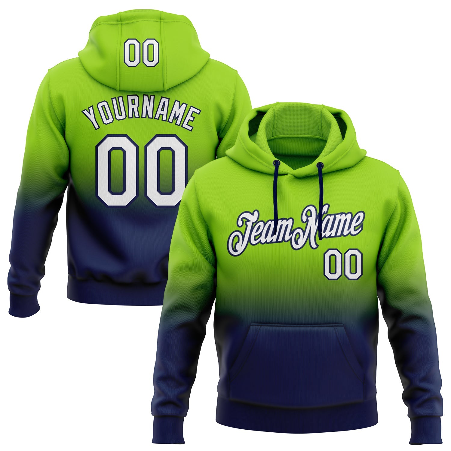 Custom Stitched Neon Green White-Navy Fade Fashion Sports Pullover Sweatshirt Hoodie - Main View