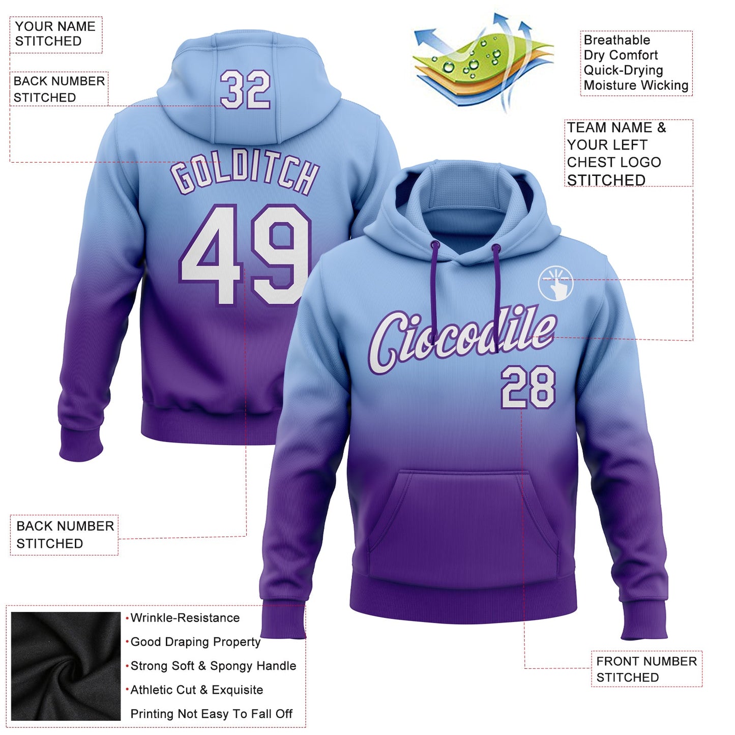 Custom Stitched Light Blue White-Purple Fade Fashion Sports Pullover Sweatshirt Hoodie view 2