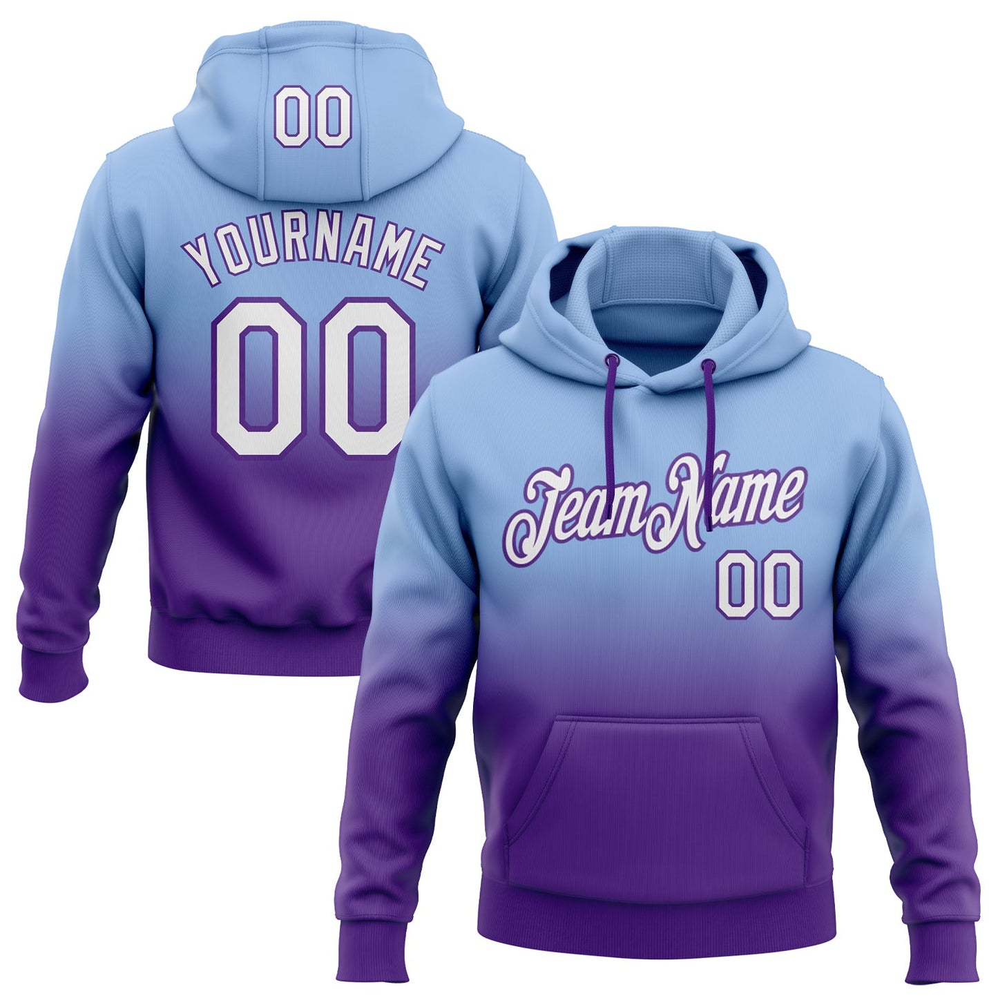 Custom Stitched Light Blue White-Purple Fade Fashion Sports Pullover Sweatshirt Hoodie - Main View