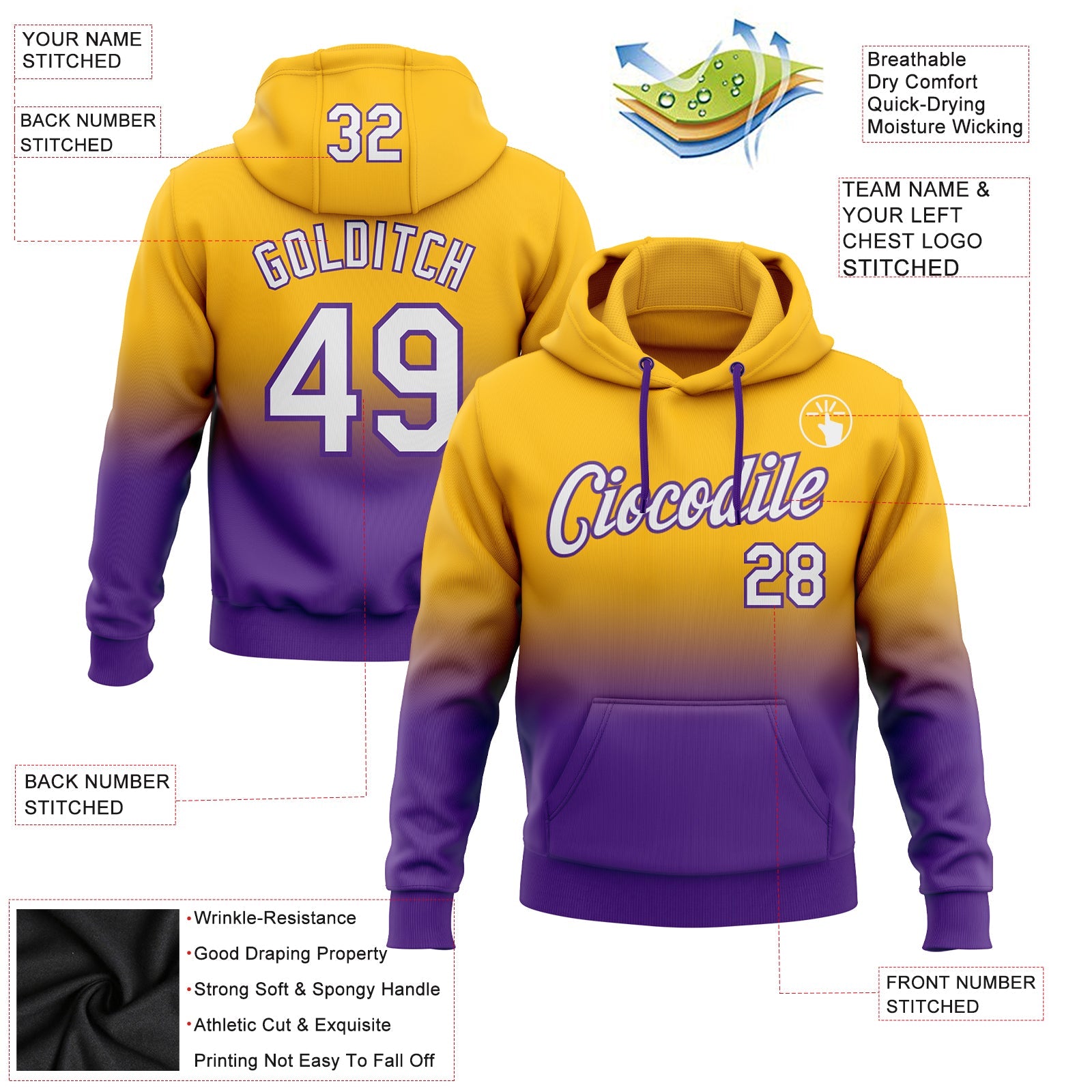 Custom Stitched Gold White-Purple Fade Fashion Sports Pullover Sweatshirt Hoodie view 2