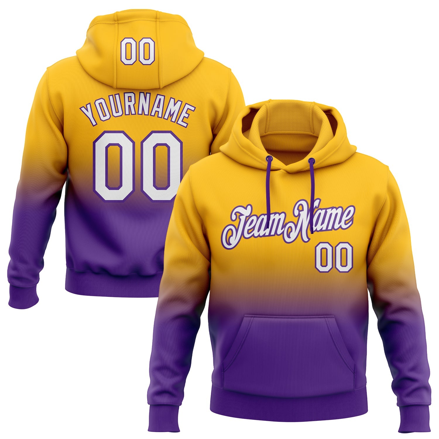 Custom Stitched Gold White-Purple Fade Fashion Sports Pullover Sweatshirt Hoodie - Main View