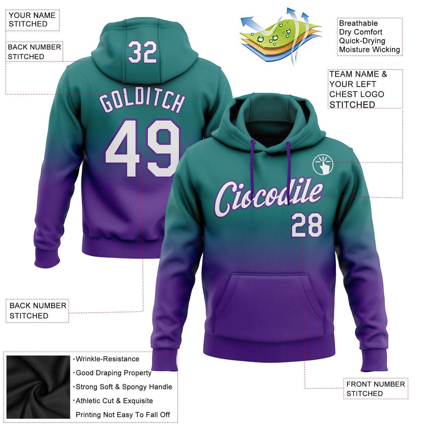 Custom Stitched Teal White-Purple Fade Fashion Sports Pullover Sweatshirt Hoodie view 2