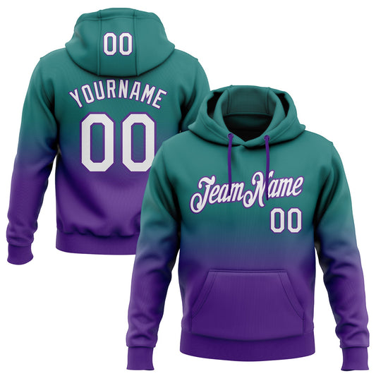 Custom Stitched Teal White-Purple Fade Fashion Sports Pullover Sweatshirt Hoodie - Main View