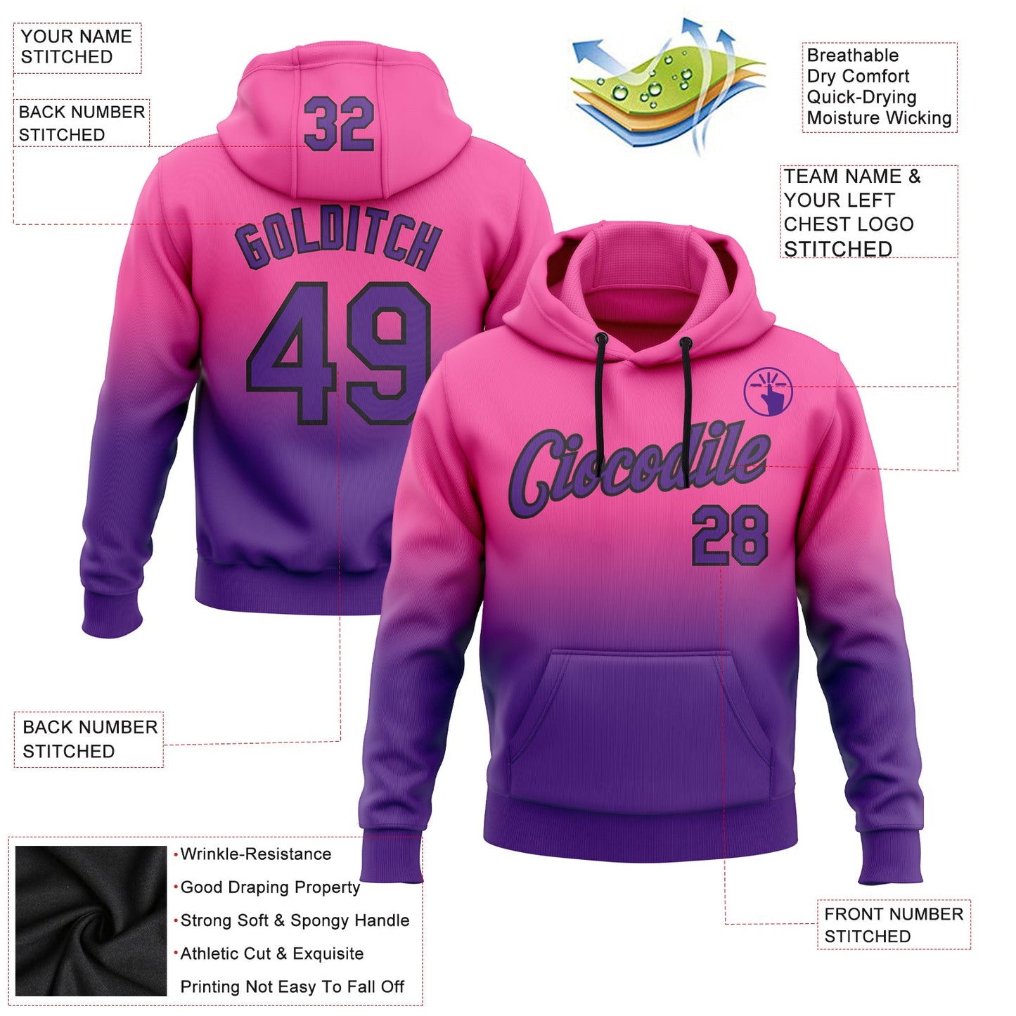 Custom Stitched Pink Purple-Black Fade Fashion Sports Pullover Sweatshirt Hoodie view 2