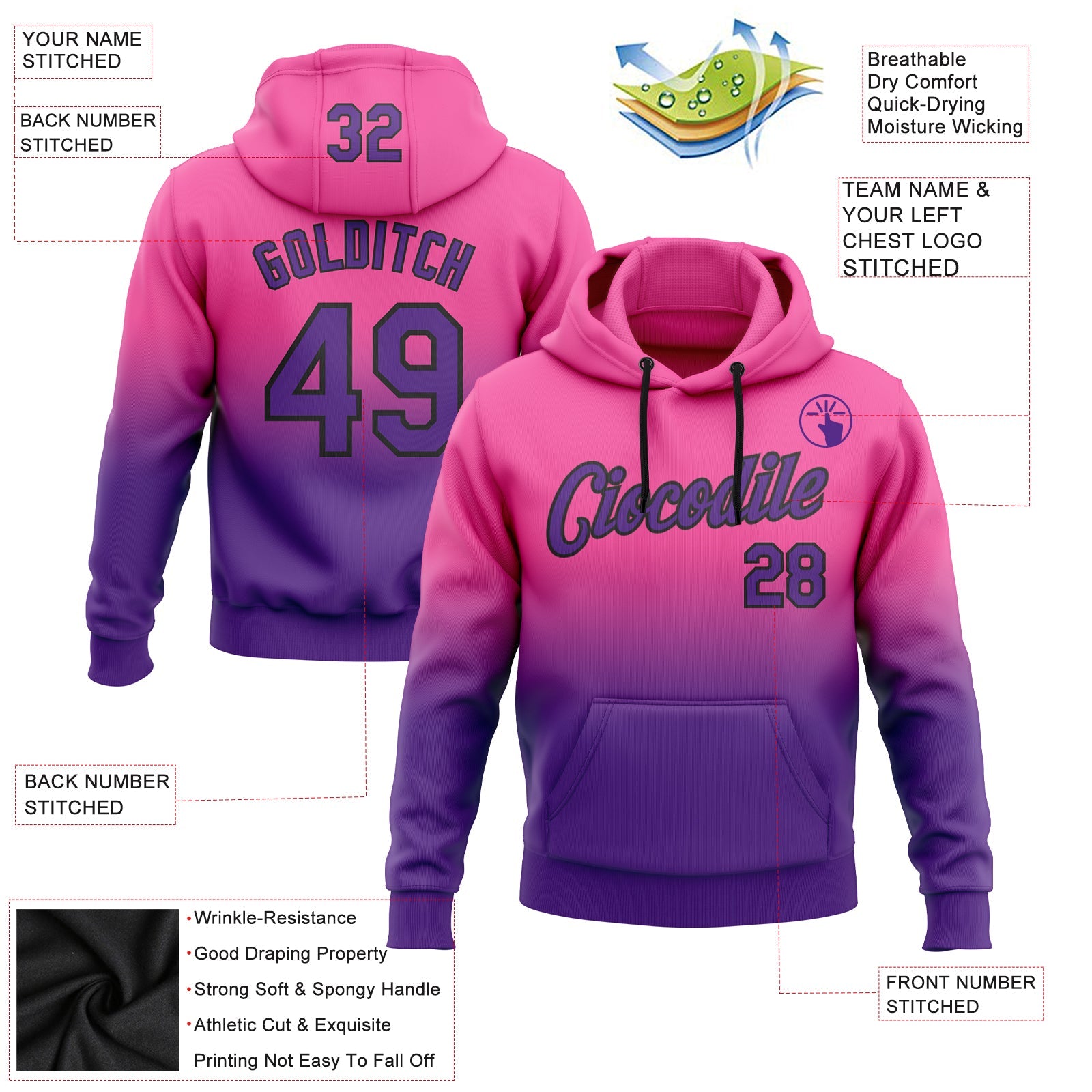 Custom Stitched Pink Purple-Black Fade Fashion Sports Pullover Sweatshirt Hoodie view 2
