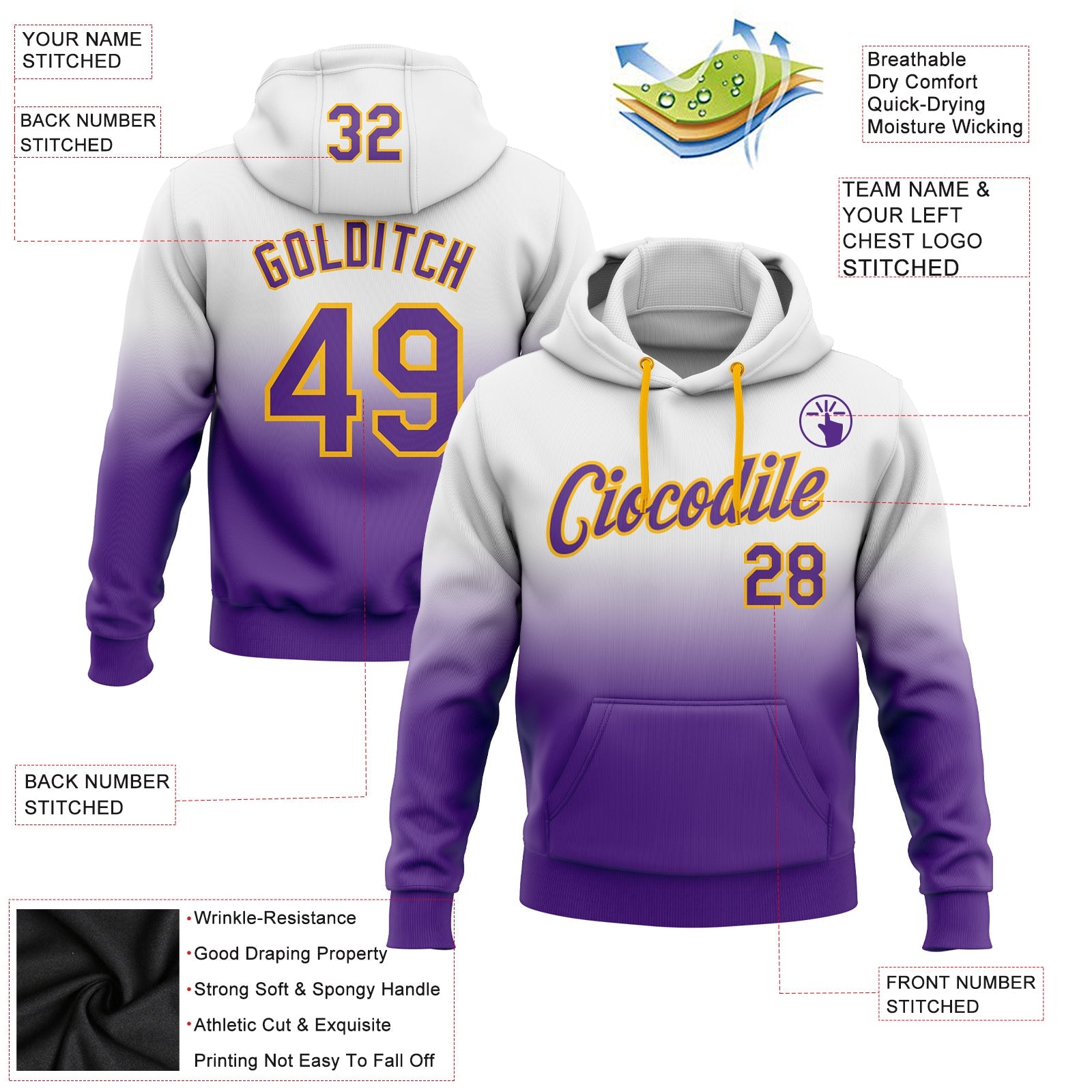 Custom Stitched White Purple-Gold Fade Fashion Sports Pullover Sweatshirt Hoodie view 2