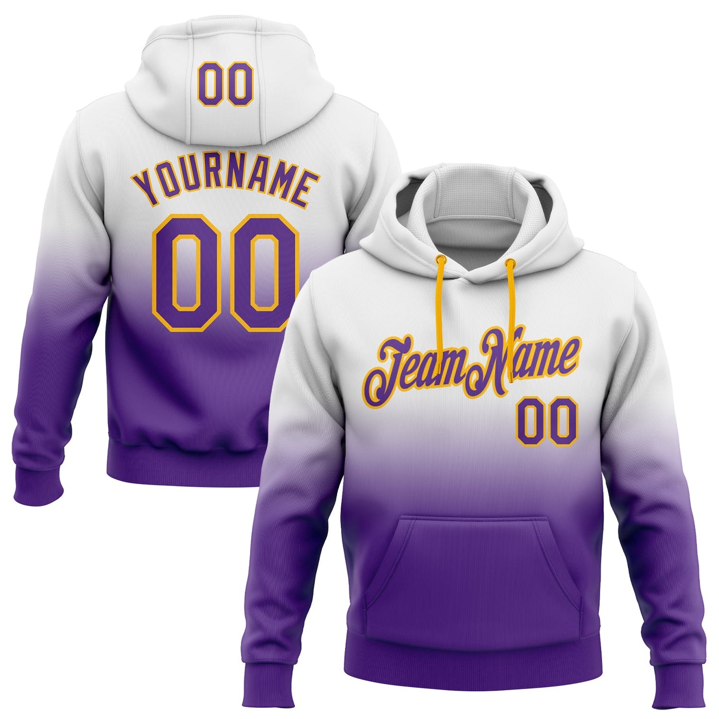 Custom Stitched White Purple-Gold Fade Fashion Sports Pullover Sweatshirt Hoodie - Main View