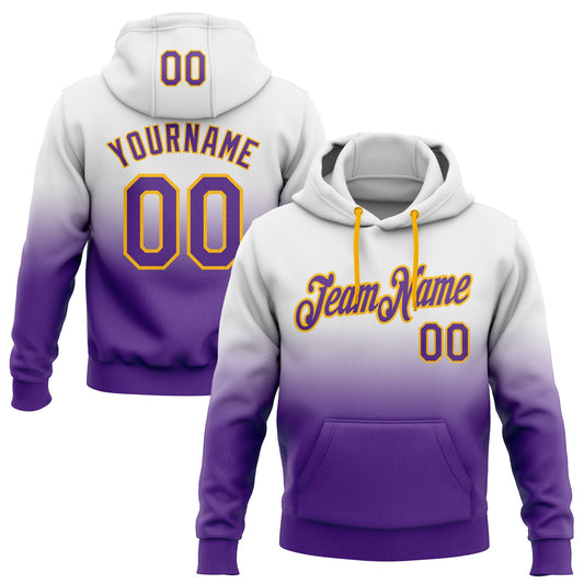 Custom Stitched White Purple-Gold Fade Fashion Sports Pullover Sweatshirt Hoodie - Main View