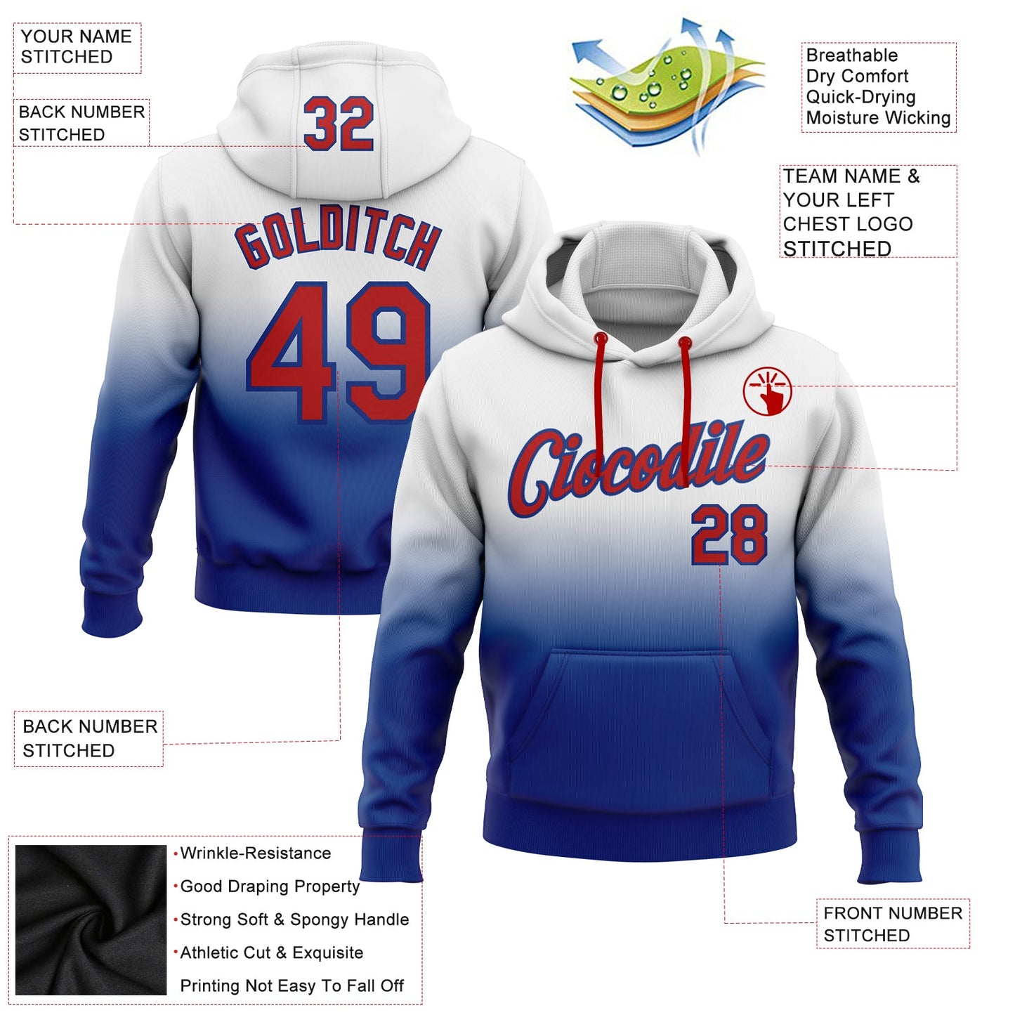 Custom Stitched White Red-Royal Fade Fashion Sports Pullover Sweatshirt Hoodie view 2