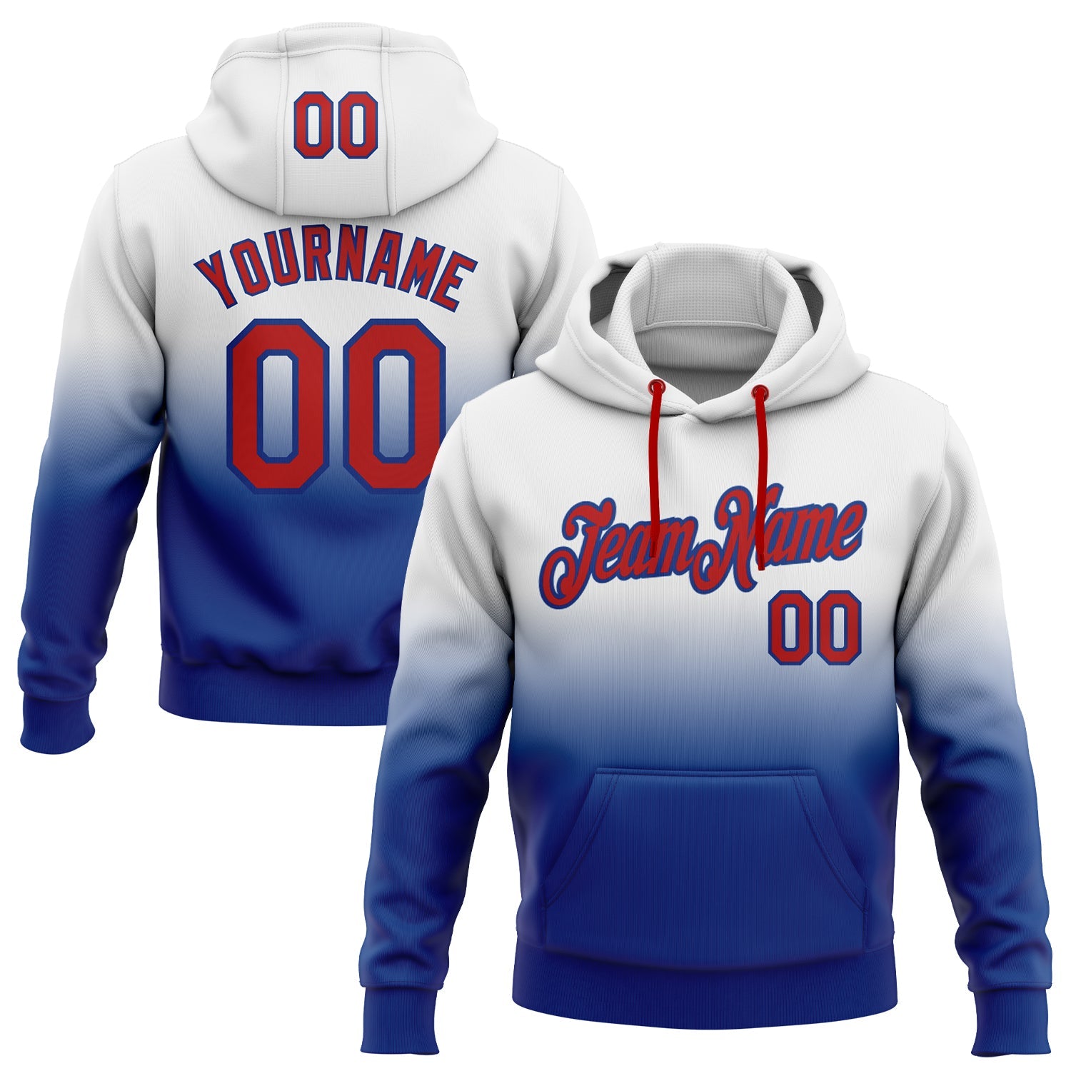 Custom Stitched White Red-Royal Fade Fashion Sports Pullover Sweatshirt Hoodie - Main View